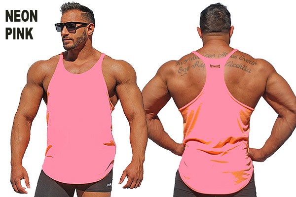 physique bodyware neon pink y back stringer tank tops