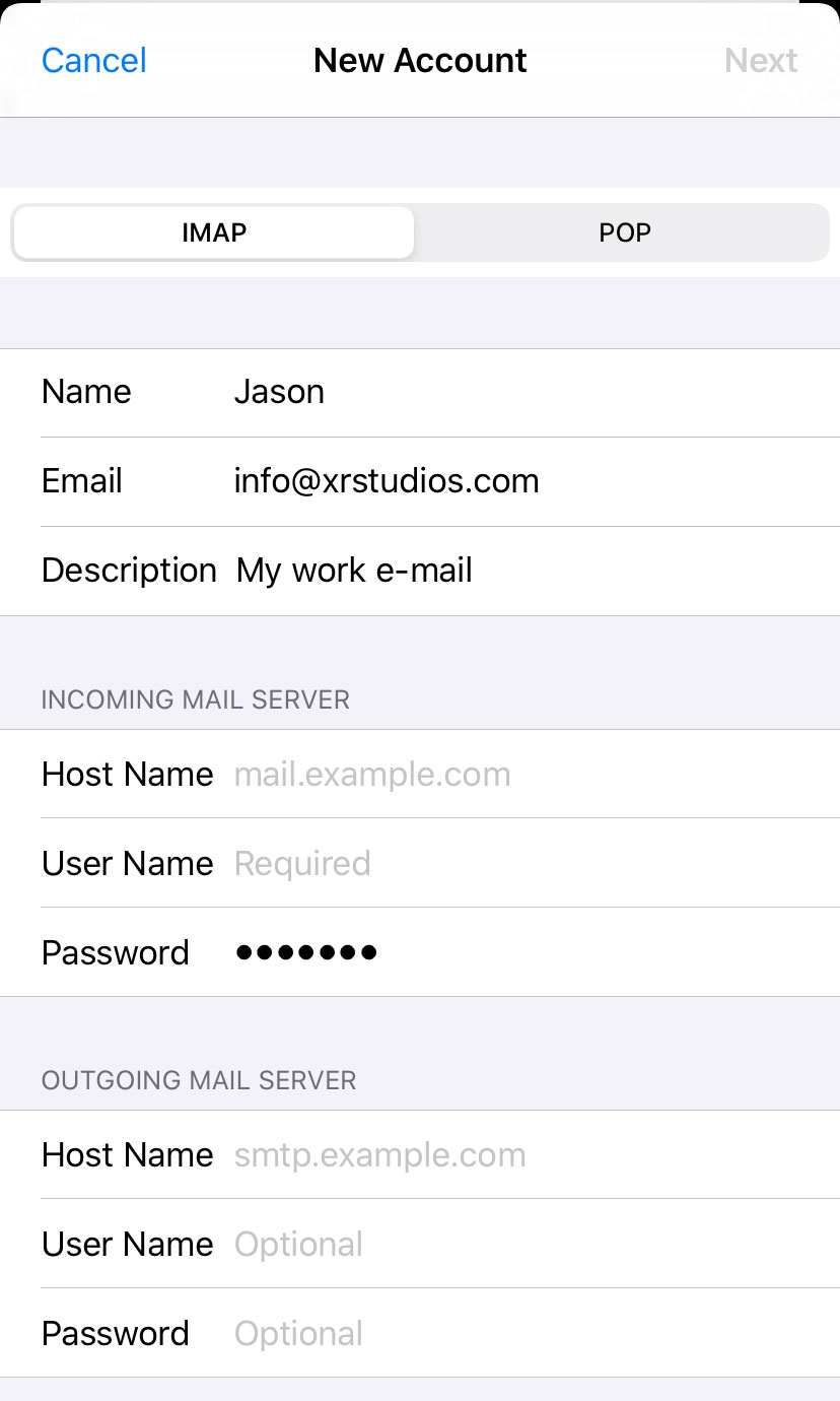 ios imap email setting